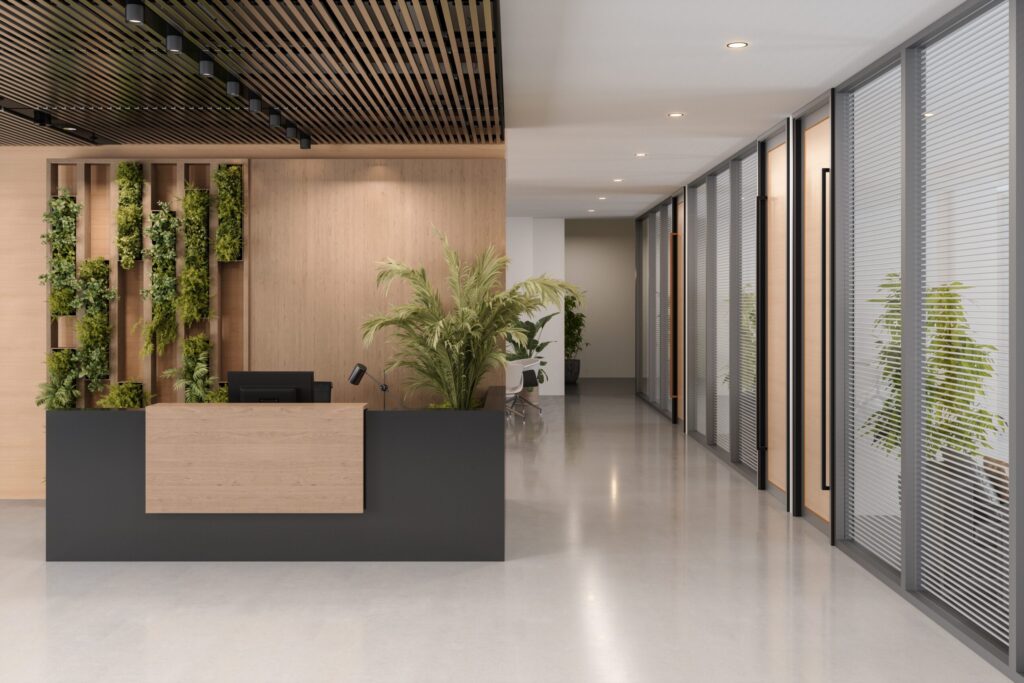 Reception Area Of Modern Office With Reception Desk, Potted Plants, Office Rooms And Marble Floor Reception Area Of Modern Hotel