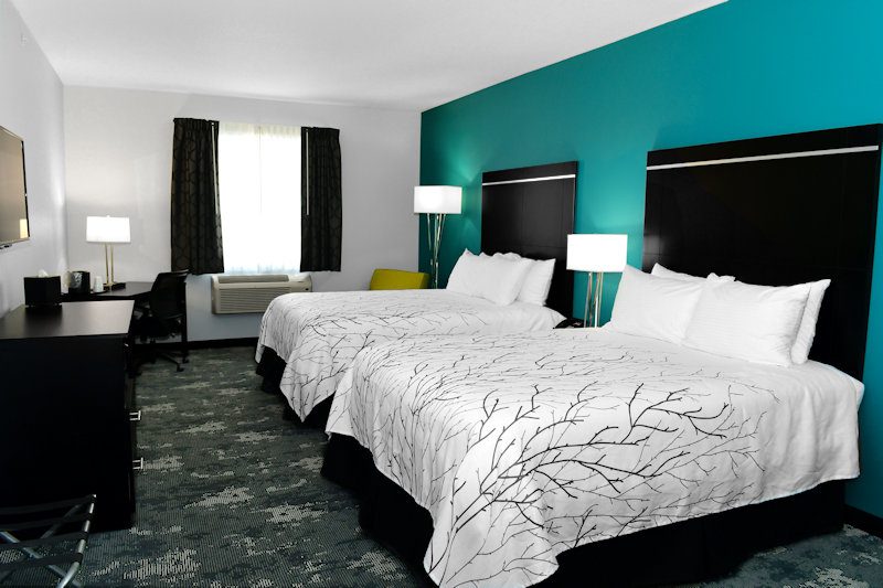 Corning hotel room with two queen size beds, teal accent wall, lime green chair, and tree graphic on the bedding.