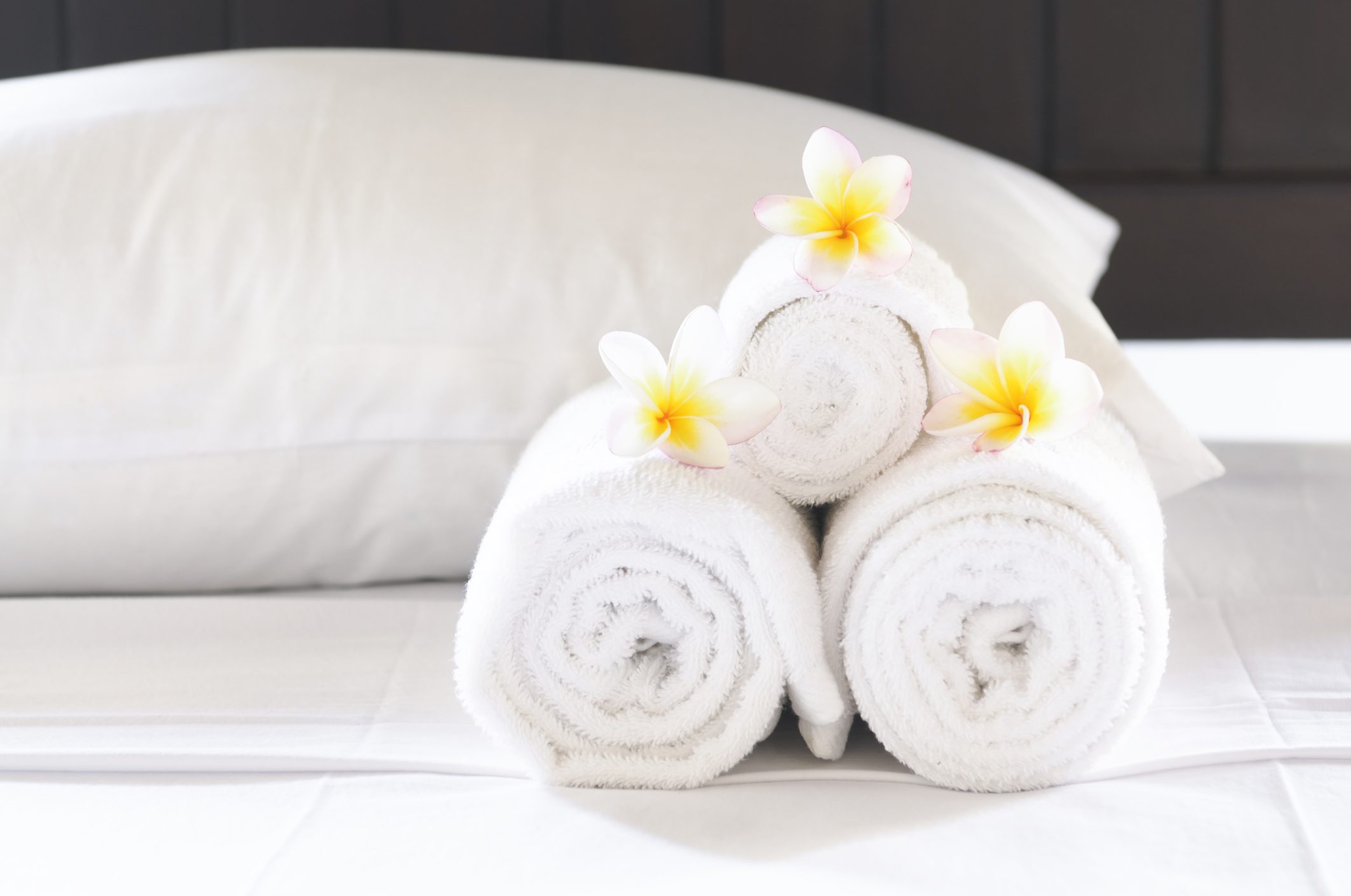 Three white towels with flowers placed on each sitting on top of freshly done white sheets and a pillow.