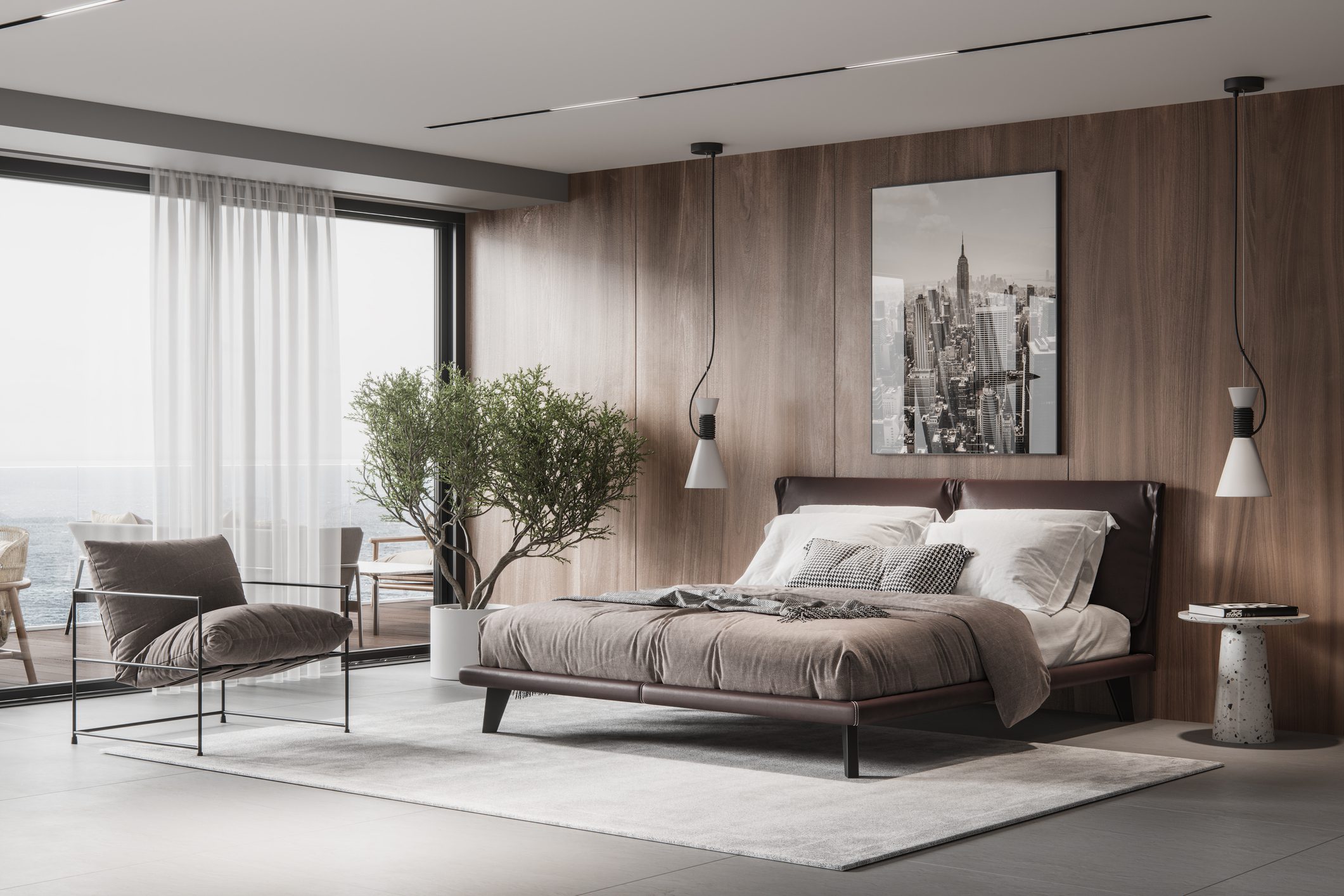 Stylish bedroom with a brown accent wall and floor to ceiling windows.