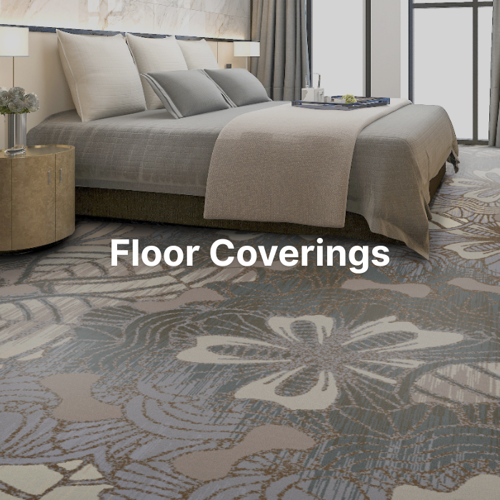 Durable hotel floor coverings including patterned carpets, area rugs, and vinyl plank flooring. Modern hotel room with sleek hospitality flooring carpet and minimal furnishing